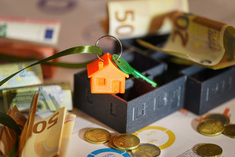 Close-up view of a black foam house-shaped organizer containing various euro banknotes, with some cash partially rolled or folded, placed on a table covered with additional euro bills and golden coins. A green key with a small plastic house-shaped keyring in orange is inserted into the foam organizer, suggesting a home relocation or moving process. In the background, blurred euro banknotes are visible, emphasizing the context of financial planning for house removals or moving services. The scene is illuminated with soft lighting, highlighting the details of the cash, the foam organizer, and the key, capturing a moment of packing and moving logistics relevant to house removals in Brimsdown, with occasional use of packing materials and currency handling by Man with Van Brimsdown.